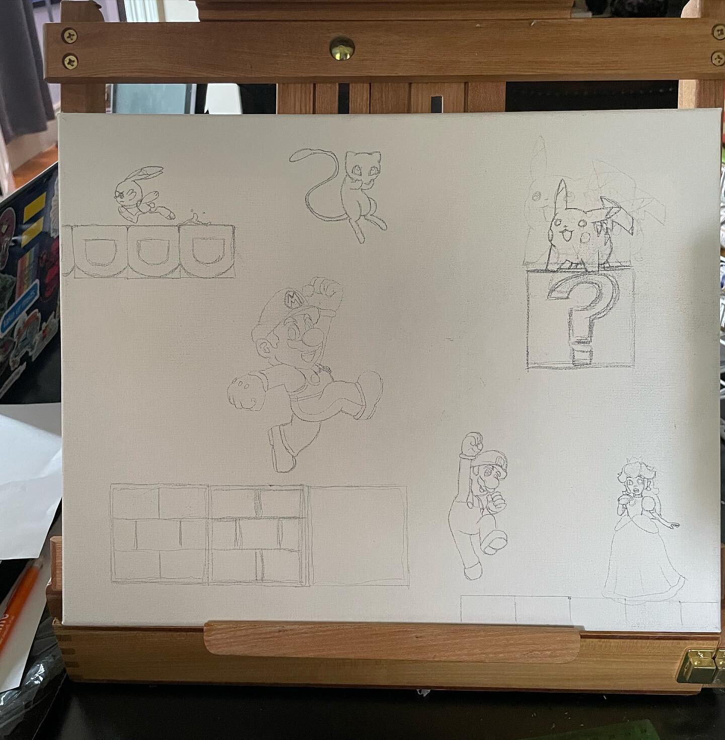 I&rsquo;ve been so quiet! 😭 art has been sparse recently. But I started working on this little painting for Kieran&rsquo;s room! #art #artist #mario #pokemon #painting #canvas #acrylicpainting #sketch