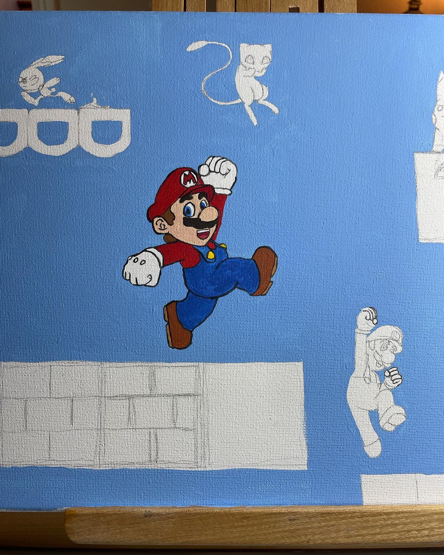 Current progress on this little painting ❤️ #mario #pokemon #mew #luigi #pikachu #scorbunny