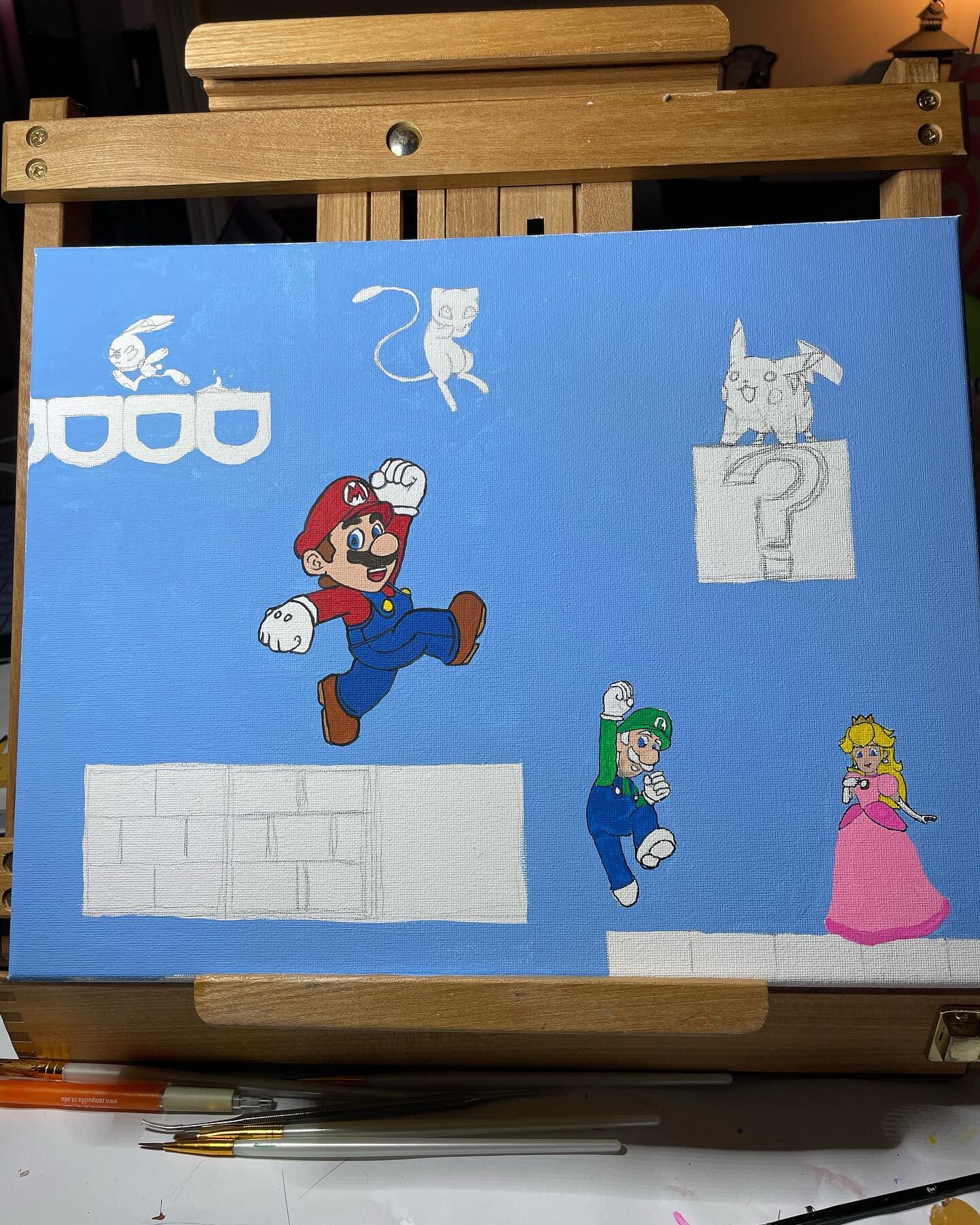 Let&rsquo;s go Luigi and Peach! #mario #luigi #princesspeach #pikachu #mew #scorbunny #pokemon #painting #acrylicpainting #canvas